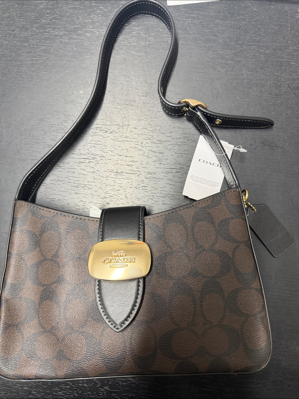 Coach Brown/Black Eliza Signature Canvas Shoulder Bag with Gold Hardware
